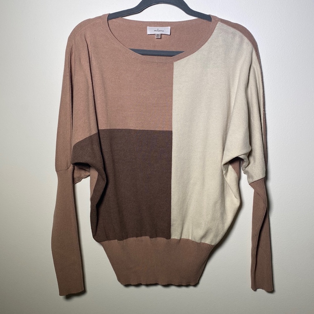 Brown, cream, pink sweater